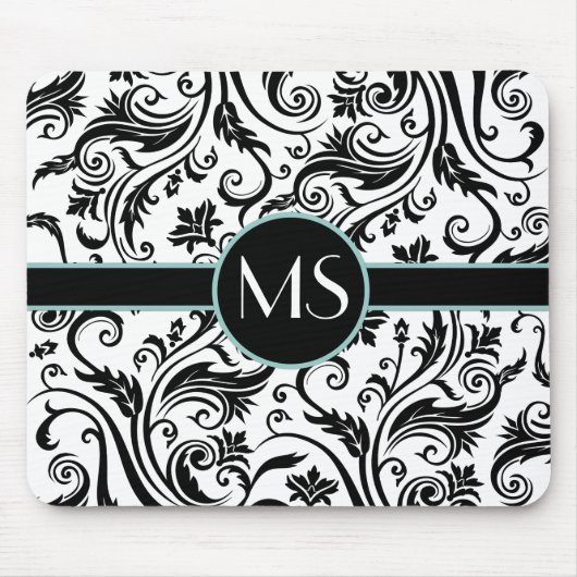 Black White Damask Monogram Muismat (Voorkant)