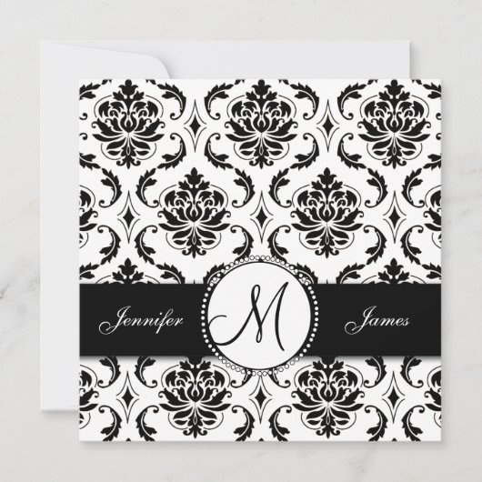 Black White Damask Monogram Weddenschap Kaart (Voorkant)