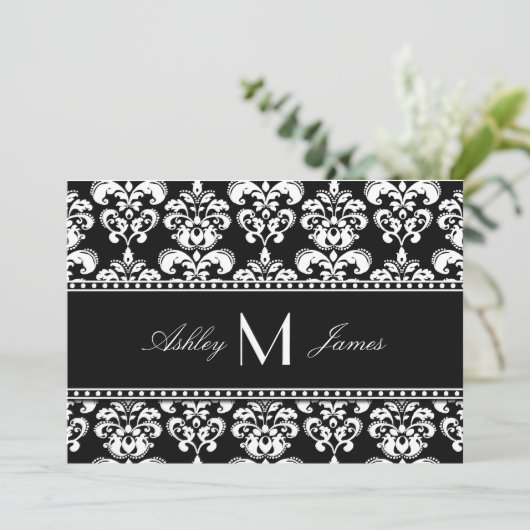 Black White Damask Monogram Weddenschap Save the D Save The Date (Staand voorkant)