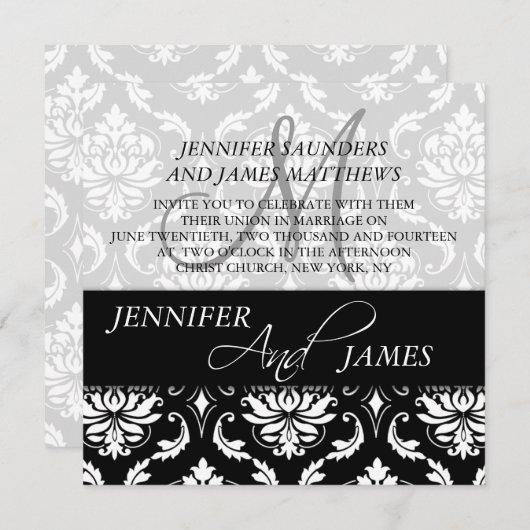 Black White Damask Monogram Wedding Invitations Kaart (Voorkant / Achterkant)