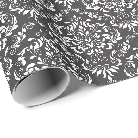 Black White Damask Patroon Cadeaupapier (Rol Hoek)