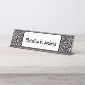 Black White Damask Pattern Fancy Scroll Bureau Naambordje (Voorkant)