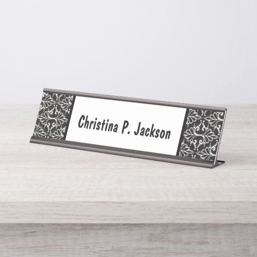 Black White Damask Pattern Fancy Scroll Bureau Naambordje (Voorkant)