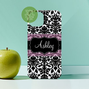 Black White Damask Pattern met roze scriptnaam iPhone 16 Hoesje