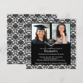 Black & White Damask Photo Afstuderen Invitation Kaart (Voorkant / Achterkant)