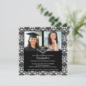 Black & White Damask Photo Afstuderen Invitation Kaart (Staand voorkant)