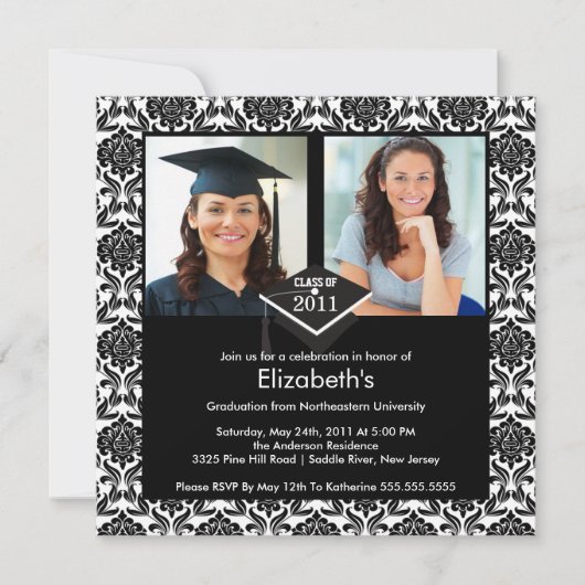 Black & White Damask Photo Afstuderen Invitation Kaart (Voorkant)