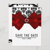 Black & White Damask Red Bow Glam Bewaar de datum Aankondigingskaart (Voorkant / Achterkant)