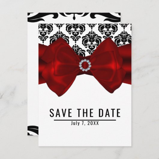 Black & White Damask Red Bow Glam Bewaar de datum Aankondigingskaart (Voorkant / Achterkant)
