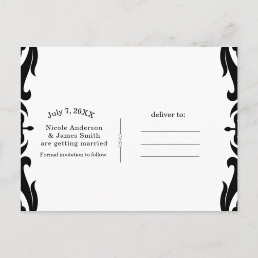 Black & White Damask Red Bow Glam Bewaar de datum Aankondigingskaart (Achterkant)