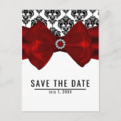 Black & White Damask Red Bow Glam Bewaar de datum Aankondigingskaart (Voorkant)
