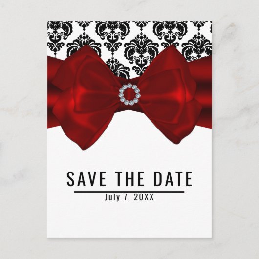 Black & White Damask Red Bow Glam Bewaar de datum Aankondigingskaart (Voorkant)