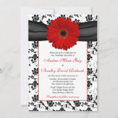 Black White Damask Red Daisy Wedding Invitation Kaart (Voorkant)