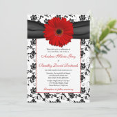 Black White Damask Red Daisy Wedding Invitation Kaart (Staand voorkant)