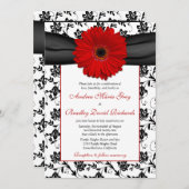 Black White Damask Red Daisy Wedding Invitation Kaart (Voorkant / Achterkant)