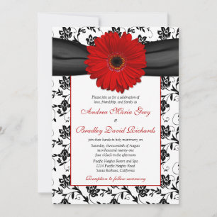 Black White Damask Red Daisy Wedding Invitation Kaart