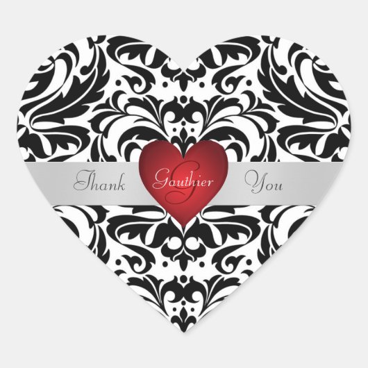 Black & White Damask Red Heart Bedankt Sticker (Voorkant)