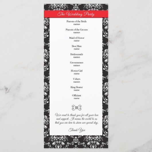 Black White Damask Red Ribbon Wedding Program Programmakaart (Achterkant)