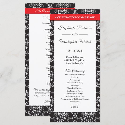 Black White Damask Red Ribbon Wedding Program Programmakaart (Voorkant / Achterkant)