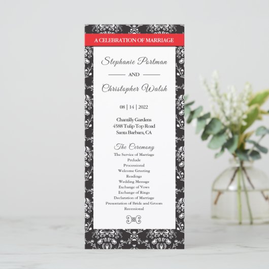 Black White Damask Red Ribbon Wedding Program Programmakaart (Staand voorkant)