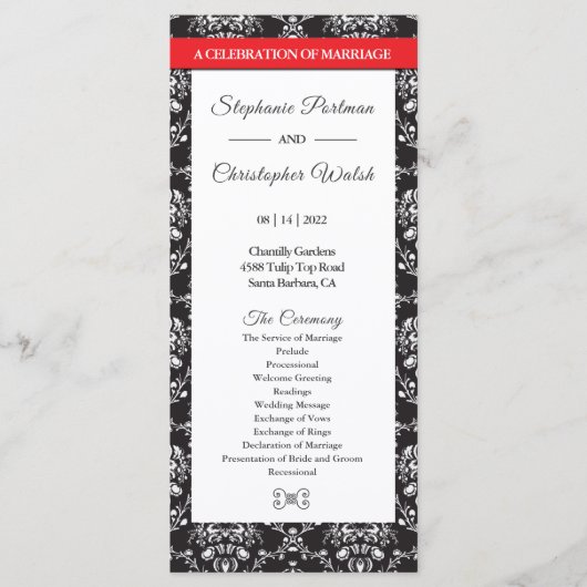Black White Damask Red Ribbon Wedding Program Programmakaart (Voorkant)