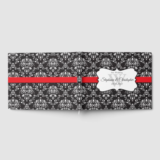 Black White Damask Red Stripe Weddenschap Book Gastenboek (Volledig)
