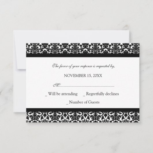 Black White Damask RSVP Weddenskaart (Voorkant)