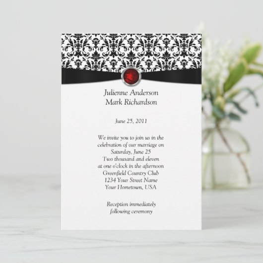 Black White Damask Ruby Gemstone Wedding Invitatio Kaart (Staand voorkant)