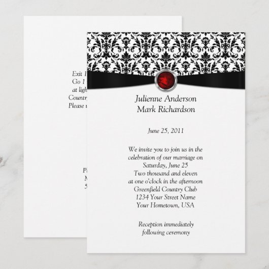 Black White Damask Ruby Gemstone Wedding Invitatio Kaart (Voorkant / Achterkant)