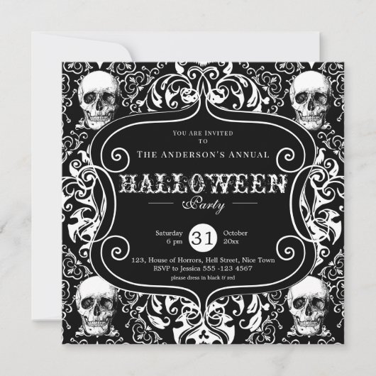 Black White Damask Skull Custom Halloween Party Kaart (Voorkant)