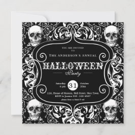 Black White Damask Skull Custom Halloween Party Kaart