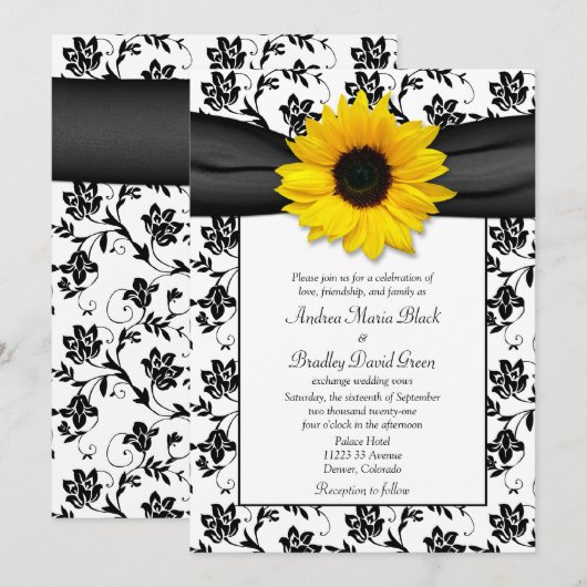 Black White Damask Sunflower Weddenschap Kaart (Voorkant / Achterkant)