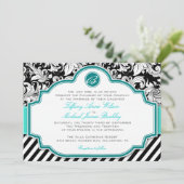 Black white damask turquoise bruiloft nodigt kaart (Staand voorkant)
