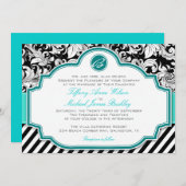 Black white damask turquoise bruiloft nodigt kaart (Voorkant / Achterkant)