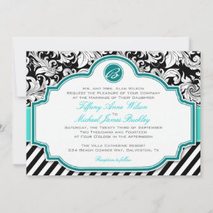 Black white damask turquoise bruiloft nodigt kaart