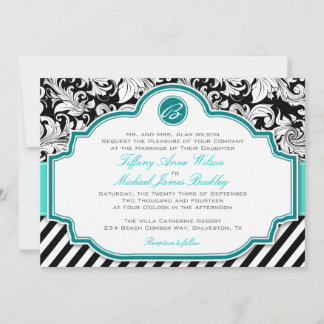 Black white damask turquoise bruiloft nodigt kaart