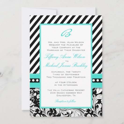 Black white damask turquoise bruiloft nodigt kaart (Voorkant)