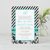Black white damask turquoise bruiloft nodigt kaart (Staand voorkant)