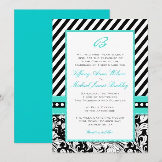 Black white damask turquoise bruiloft nodigt kaart (Voorkant / Achterkant)