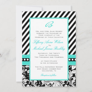 Black white damask turquoise bruiloft nodigt kaart