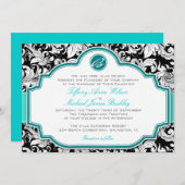 Black white damask turquoise bruiloft nodigt kaart (Voorkant / Achterkant)