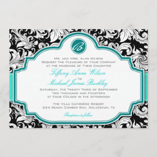 Black white damask turquoise bruiloft nodigt kaart