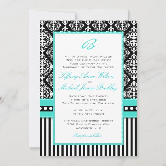 Black white damask turquoise bruiloft nodigt kaart (Voorkant)