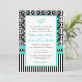 Black white damask turquoise bruiloft nodigt kaart (Staand voorkant)