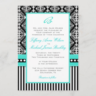 Black white damask turquoise bruiloft nodigt kaart