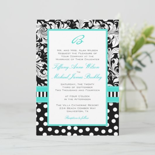 Black white damask turquoise bruiloft nodigt kaart (Staand voorkant)