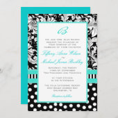 Black white damask turquoise bruiloft nodigt kaart (Voorkant / Achterkant)