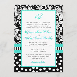Black white damask turquoise bruiloft nodigt kaart