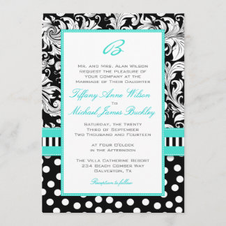 Black white damask turquoise bruiloft nodigt kaart