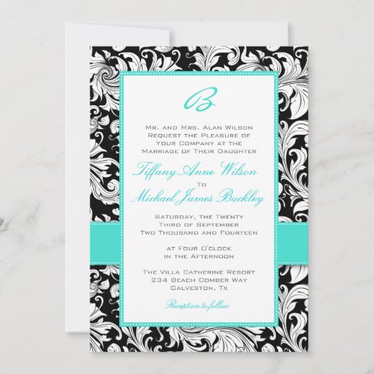Black white damask turquoise bruiloft nodigt kaart (Voorkant)